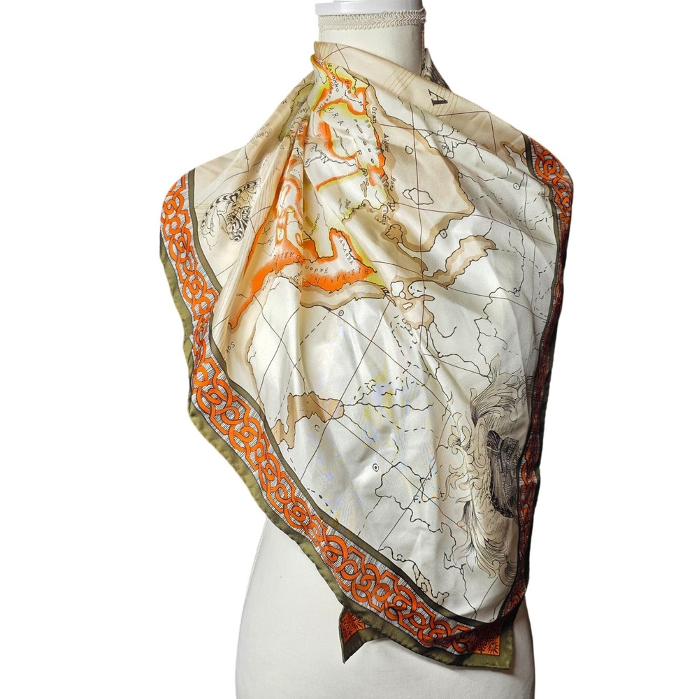 Talbots Afrika Map Print Square Scarf Olive Orange Nautical Cartography Vintage